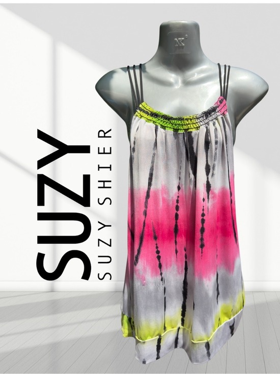 Suzy Shier Tops - •3👚/ 25$ -Suzy Shier Pink, Gray & Lime Tie-Dye Spaghetti Strap Tank | Large